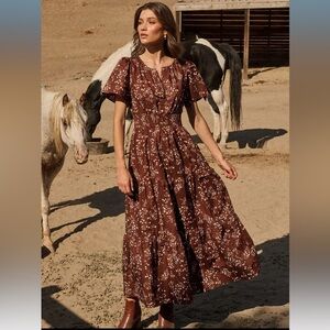 SugarLips Palmer Poplin Tiered Maxi Dress Brown